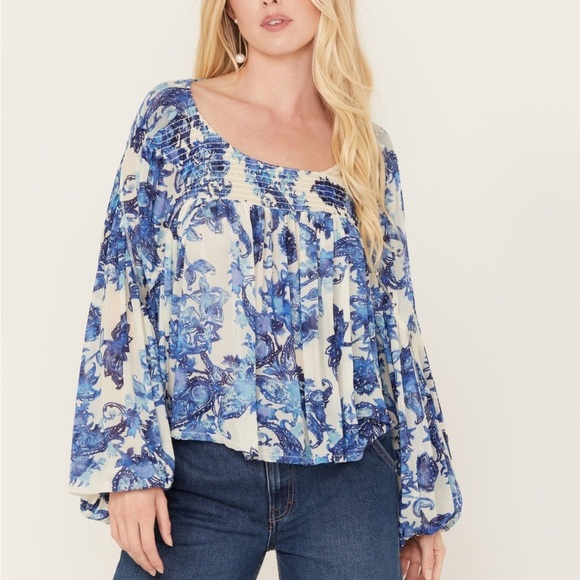 Free people small Up For Anything Floral Top blue smock blouse long sleeve - Picture 1 of 13